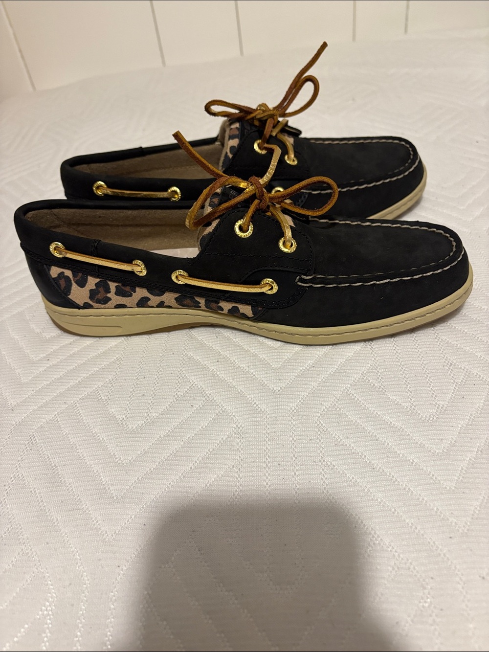 Sperry Black Boat Shoes with Leopard Panels and Tan Laces